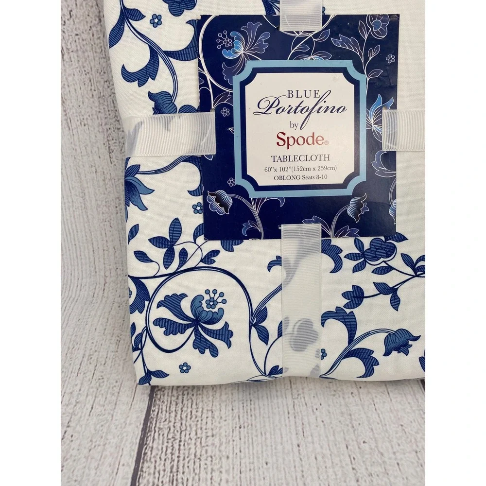 Spode Blue Portofino Tablecloth 60x102 Oblong Blue White Floral French Country